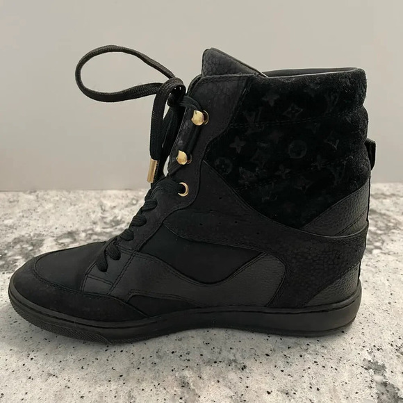 Louis Vuitton Millenium Wedge Sneakers Leather Embossed Suede Black Size 37 - Picture 6 of 15